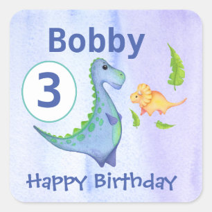 Blue Dinosaur Birthday Party Name & Age Square Sticker