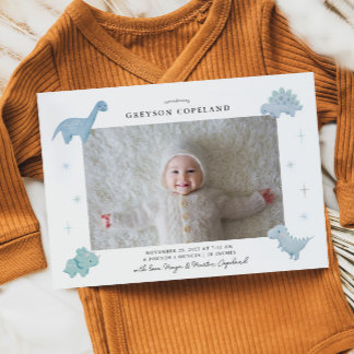 Blue Dinosaur Boy Baby Photo Birth Announcement