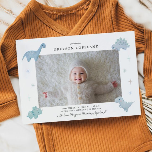 Blue Dinosaur Boy Baby Photo Birth Announcement (Creator Uploaded)