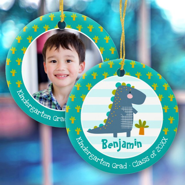 Blue Dinosaur Boy Kindergarten Graduation Keepsake Ceramic Tree Decoration (Creator Uploaded)