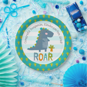 Blue Dinosaur Boy Kindergarten Graduation Playful Paper Plate