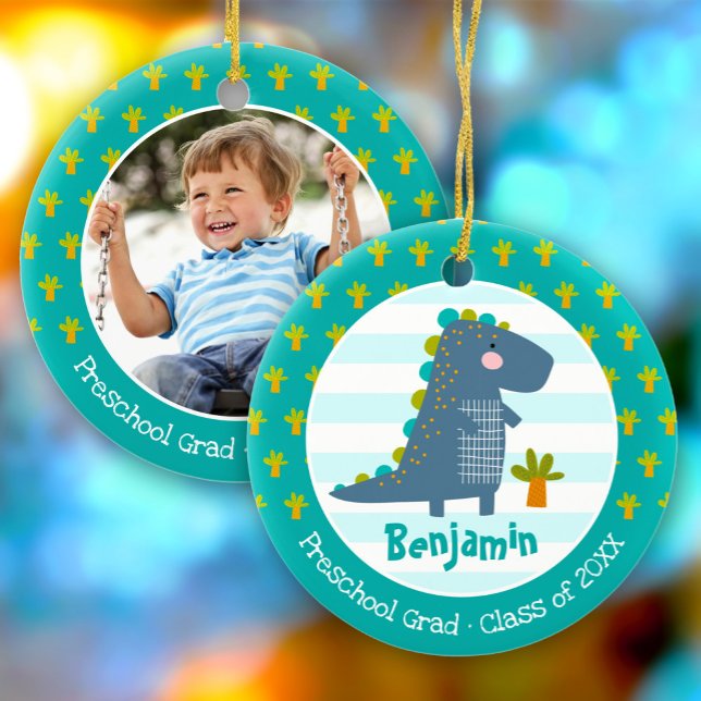 Blue Dinosaur Boy Preschool Graduation Keepsake Ceramic Tree Decoration (Creator Uploaded)