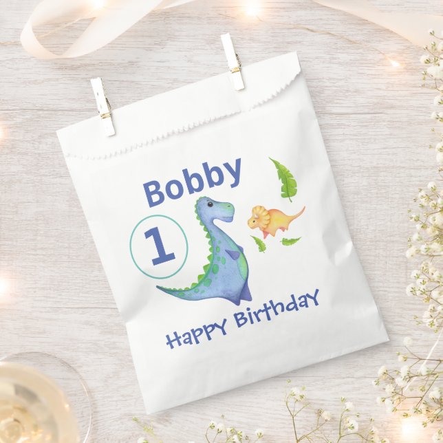 Blue Dinosaur Boy's Birthday Party Name & Age  Favour Bags (Clipped)