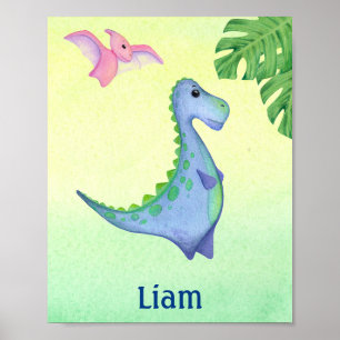 Blue Dinosaur Boy's Name Nursery Watercolor Poster