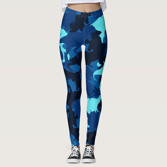 Blue Dinosaur Camouflage Pattern Leggings (Front)