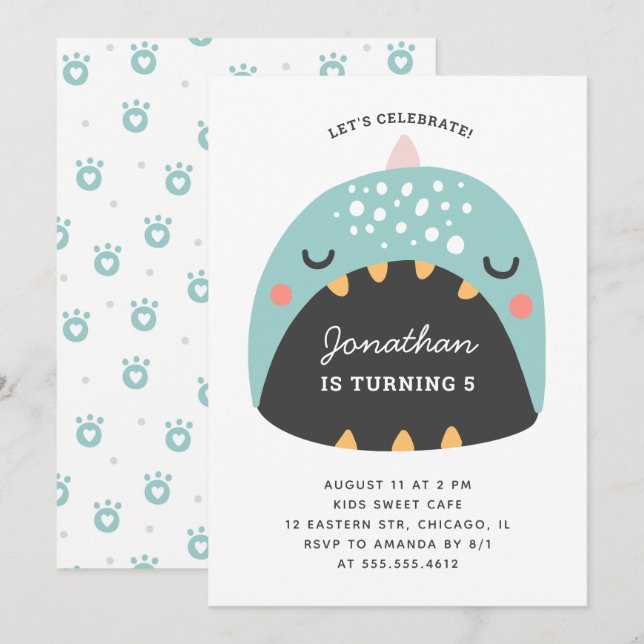 Blue dinosaur. Kids funny dino. Baby boy birthday Invitation (Front/Back)