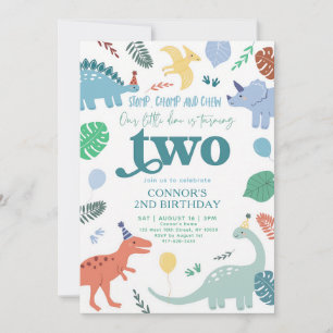 Blue Dinosaur Leaves 2nd Birthday Invitation