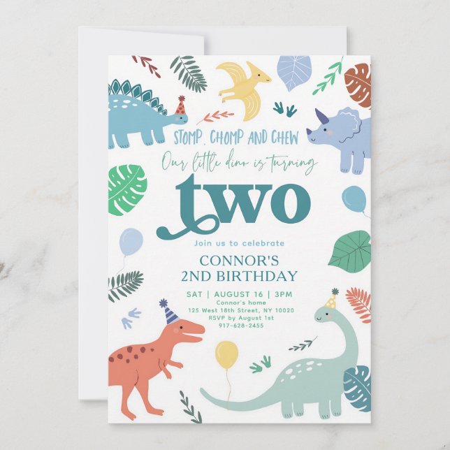 Blue Dinosaur Leaves 2nd Birthday Invitation (Front)
