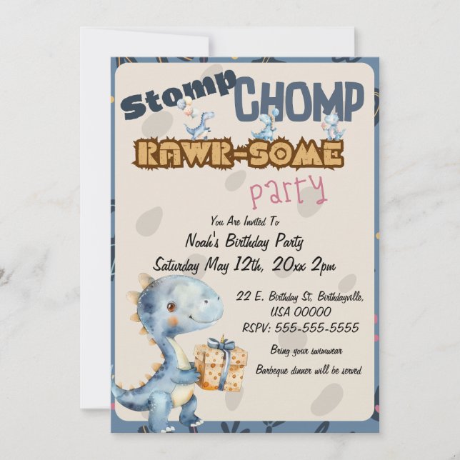 Blue Dinosaur Rawr Birthday Party Invitation (Front)