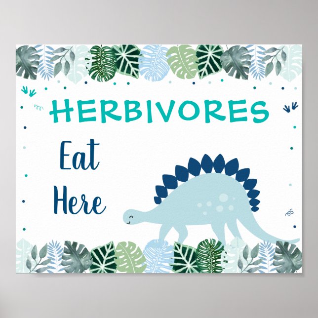 Blue Dinosaur Safari Herbivores Birthday Food Sign (Front)