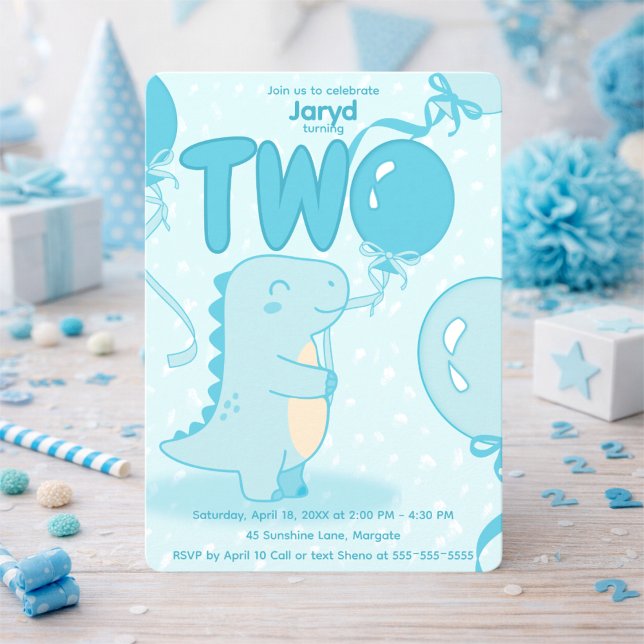 Blue Dinosaur Second Birthday Invitation (This cute blue dinosaur is ready to party. Perfect for your little one’s second birthday bash.)