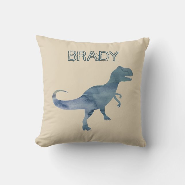 Blue Dinosaur Trex Custom Name Throw Pillow (Front)