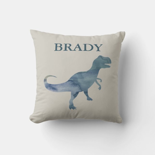 Blue Dinosaur Trex Custom Name Throw Pillow (Front)