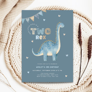 Blue Dinosaur Two Rex 2nd Birthday Invitation Boys