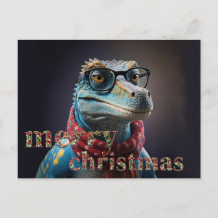 Blue dinosaur wearing glasses Christmas scarf Holiday Postcard