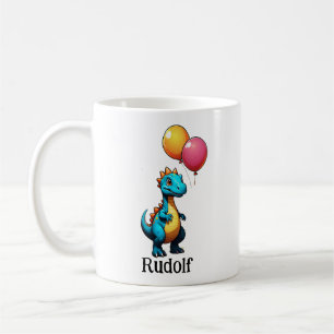 Blue dinosaur with balloons coffee mug