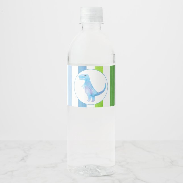 Blue Dinosaur with blue and green stripes Water Bottle Label (Front)