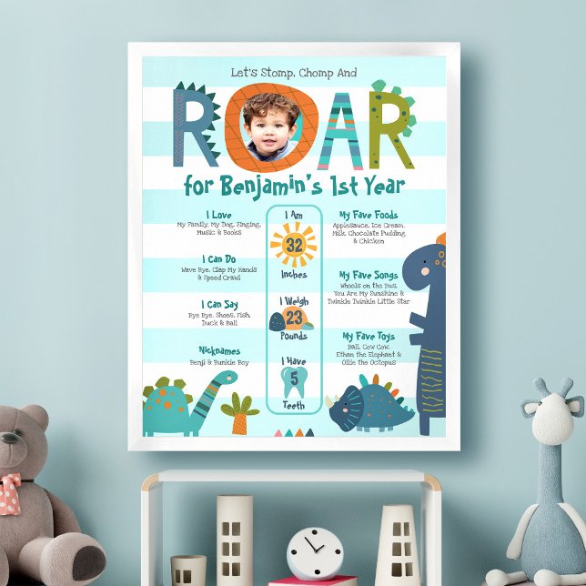 Blue Dinosaurs Photo Boy 1st Birthday Milestone Poster (Creator Uploaded)