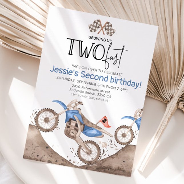 Blue Dirt Bike 2nd birthday - Growing up two fast Invitation (Blue dirt bike birthday invitation, growing up two fast)
