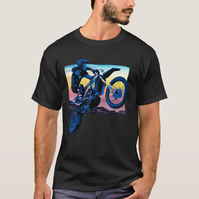 Blue Dirt Bike Rider Motorbike Racer Retro Sunset  T-Shirt (Front)