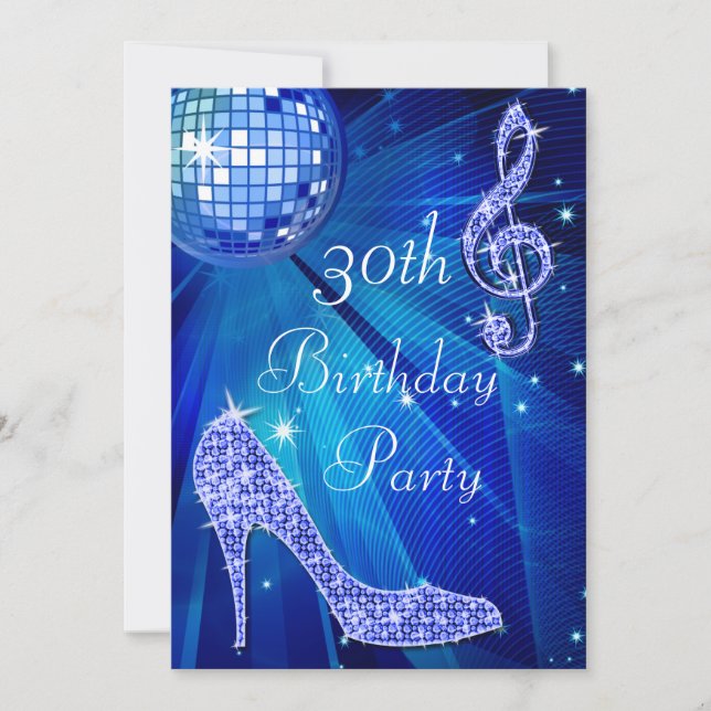 Blue Disco Ball and Heels 30th Birthday Invitation (Front)