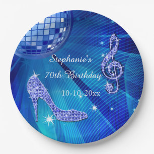 Blue Disco Ball and Heels 70th Birthday Paper Plate