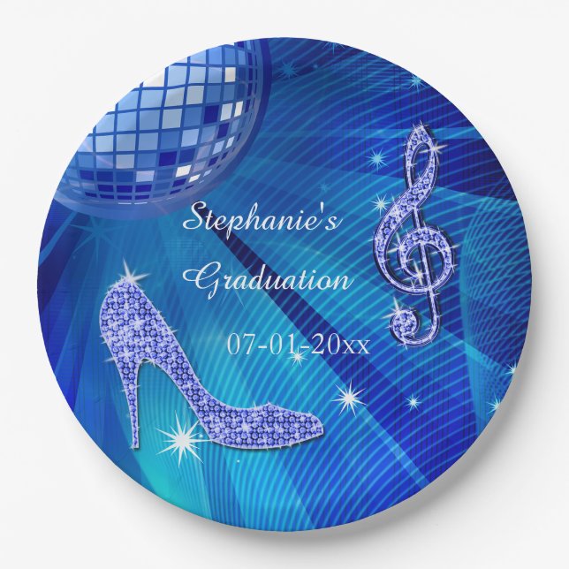 Blue Disco Ball and Heels Graduation Paper Plate (Front)