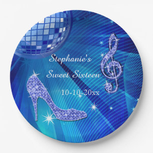 Blue Disco Ball and Heels Sweet 16 Paper Plate