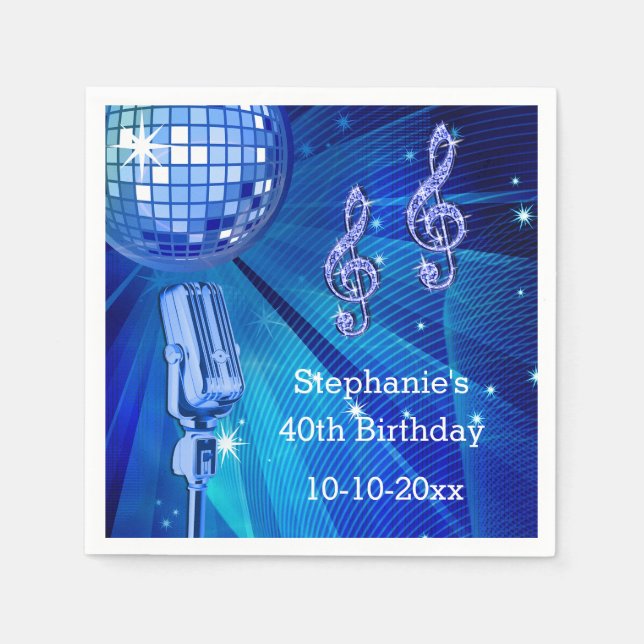 Blue Disco Ball and Retro Microphone 40th Birthday Napkin (Front)