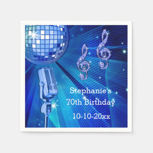 Blue Disco Ball and Retro Microphone 70th Birthday Napkin