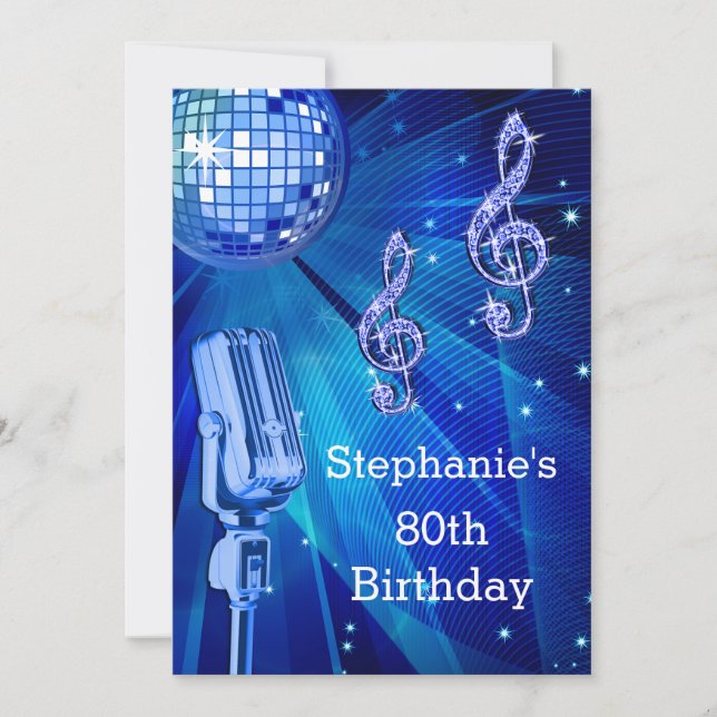 Blue Disco Ball and Retro Microphone 80th Birthday Invitation (Front)