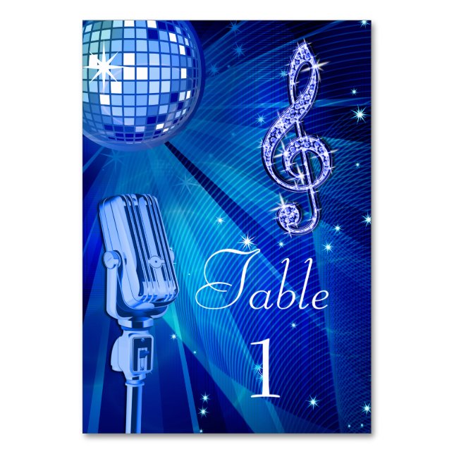 Blue Disco Ball and Retro Microphone Table Number (Front)