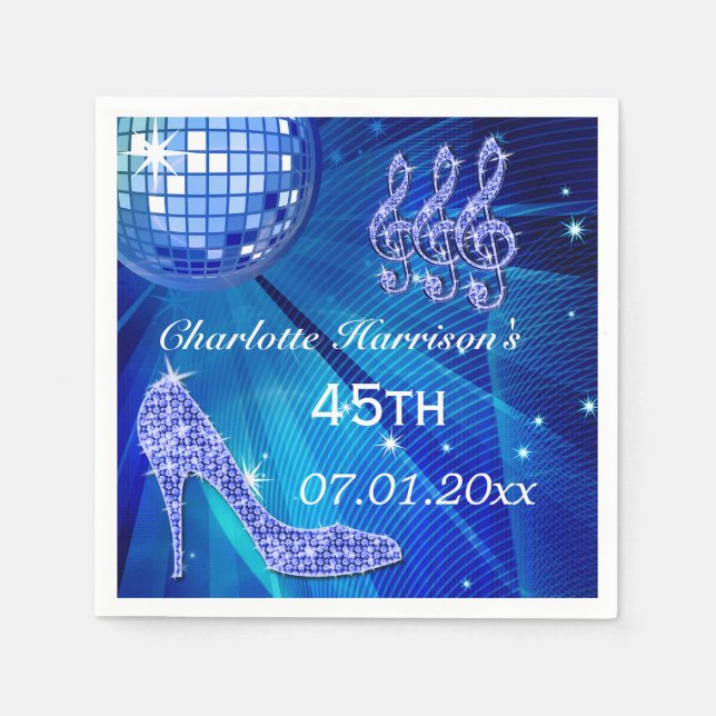 Blue Disco Ball and Sparkle Heels 45th Napkin (Front)