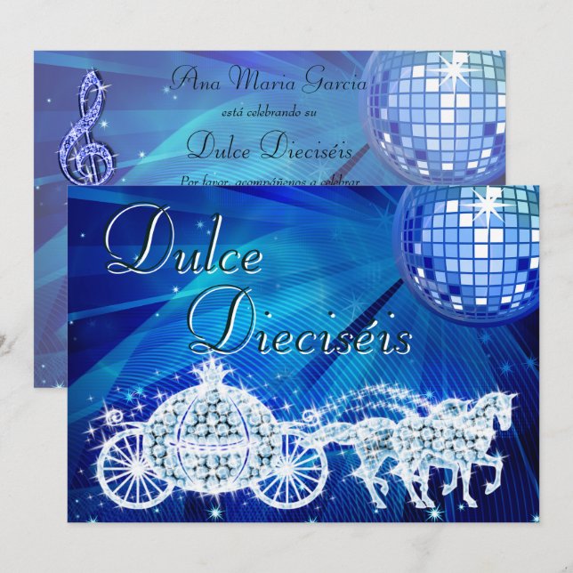 Blue Disco Ball, Princess Coach & Horses Sweet 16 Invitation (Front/Back)
