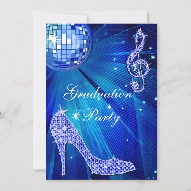 Blue Disco Ball Sparkle Heels Graduation Invitation (Front)