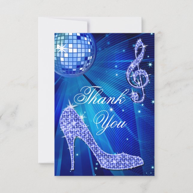 Blue Disco Ball Sparkle Heels Thank You Card (Front)