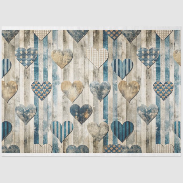 Blue Distressed Heart Decoupage Tissue Paper (Front)