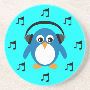 Blue DJ Penguin, Headphones & Musical Notes Coaster