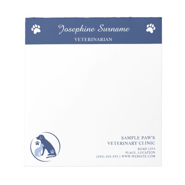 Blue Dog And Cat Logo With Custom Text Vet Clinic Notepad (Front)
