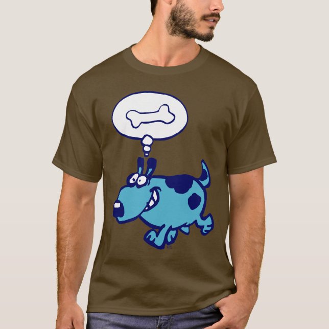 Blue dog cartoon thinking of bone T-shirt (Front)