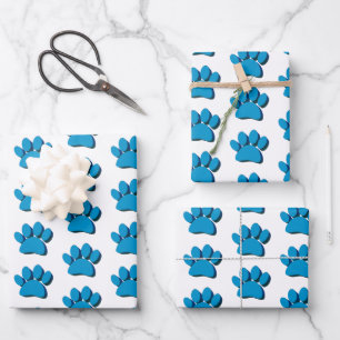 Blue Dog Paw 3D Art Pattern Wrapping Paper Sheet