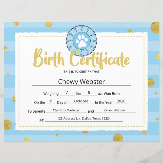 Blue Dog Paw Clip Art Puppy Birth Certificate (Front)