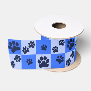 Blue Dog Paw Print Checkerboard Satin Ribbon