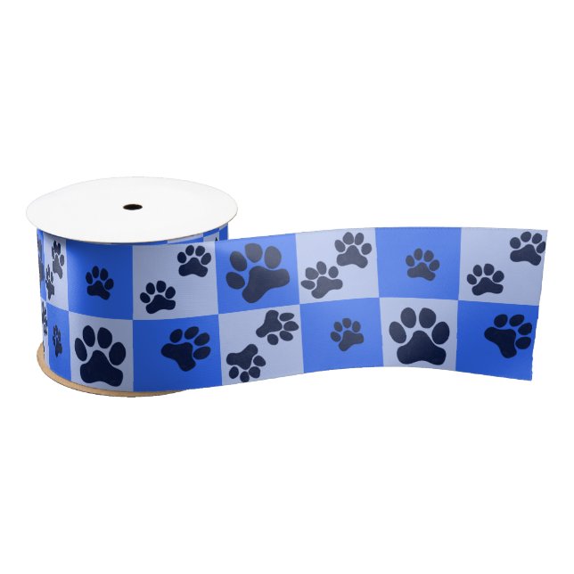 Blue Dog Paw Print Checkerboard Satin Ribbon (Spool)