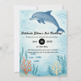 Blue Dolphin & Colourful Coral Reef Birthday Invitation