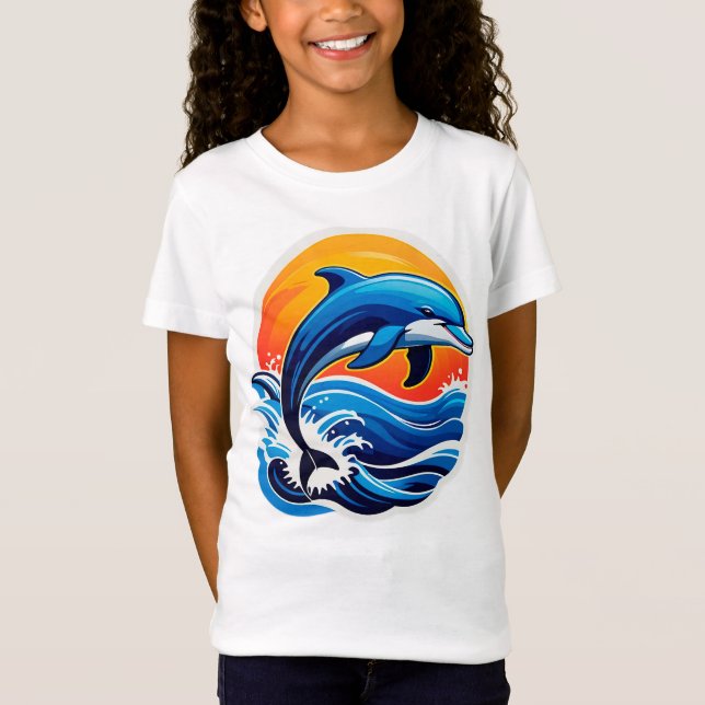 Blue Dolphin Jumping Over Ocean Waves T-Shirt (Front)