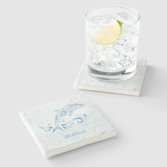 Blue Dolphin Personalised Stone Coaster (Side)