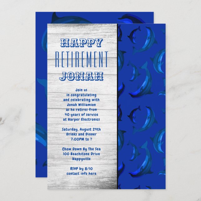 Blue Dolphins Retirement Party For Him Invitation (Front/Back)