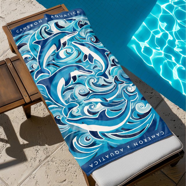 Blue Dolphins & Waves Customisable Beach Towel (dolphin beach towel by the pool)