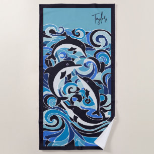Blue Dolphins & Waves Customisable Beach Towel
